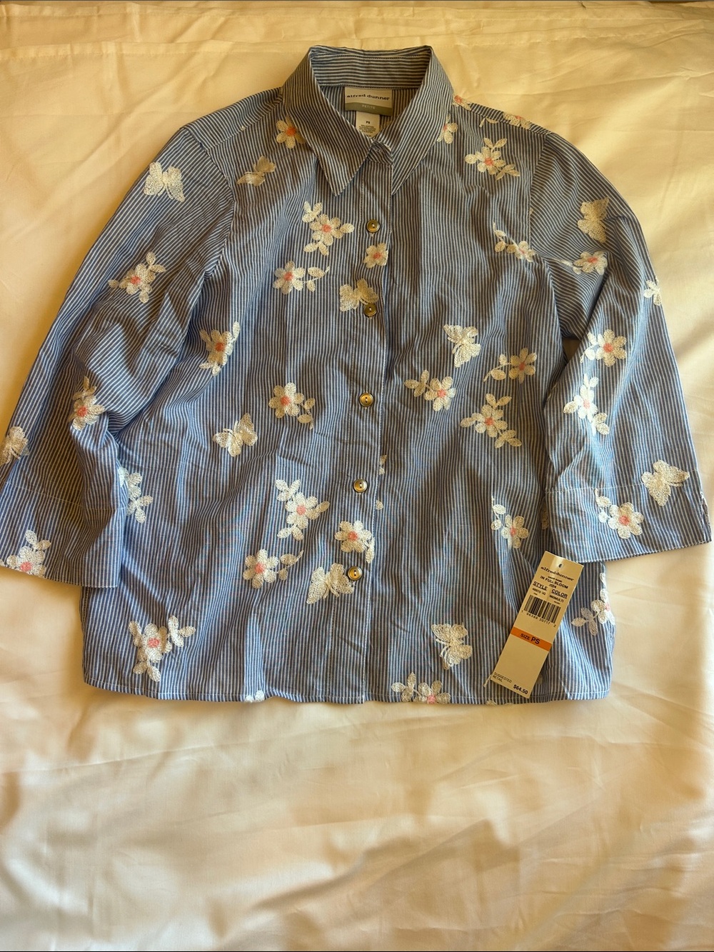 Alfred Dunner Blue Pinstripe Floral Embroidered Button Jacket